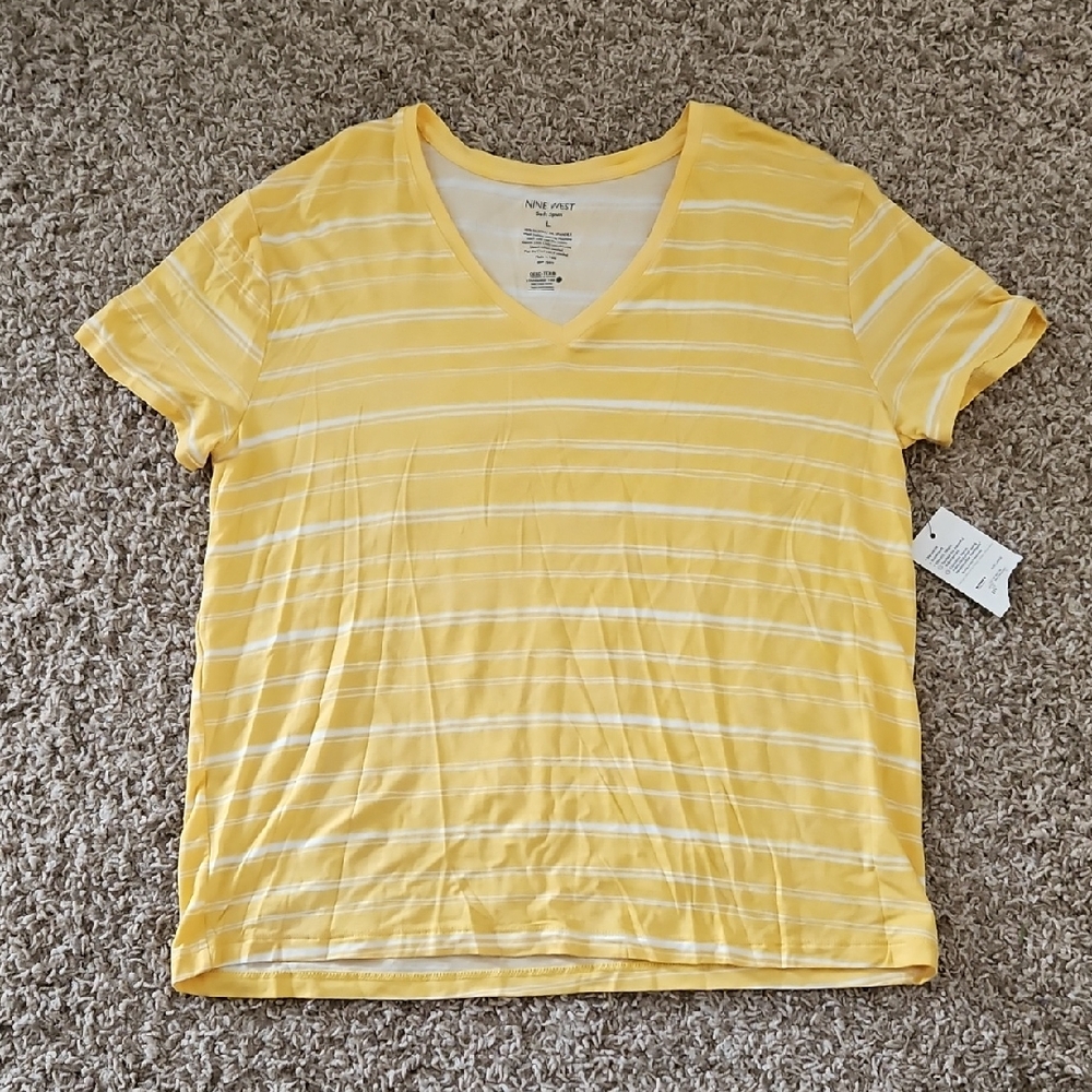 Nine West Yellow and White Striped V-Neck Tee